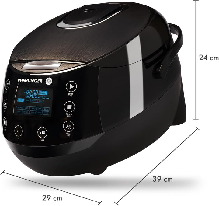 Reishunger Digitaler Reiskocher & Dampfgarer Schwarz + Gratis Kochbuch – Warmhaltefunktion, Timer &