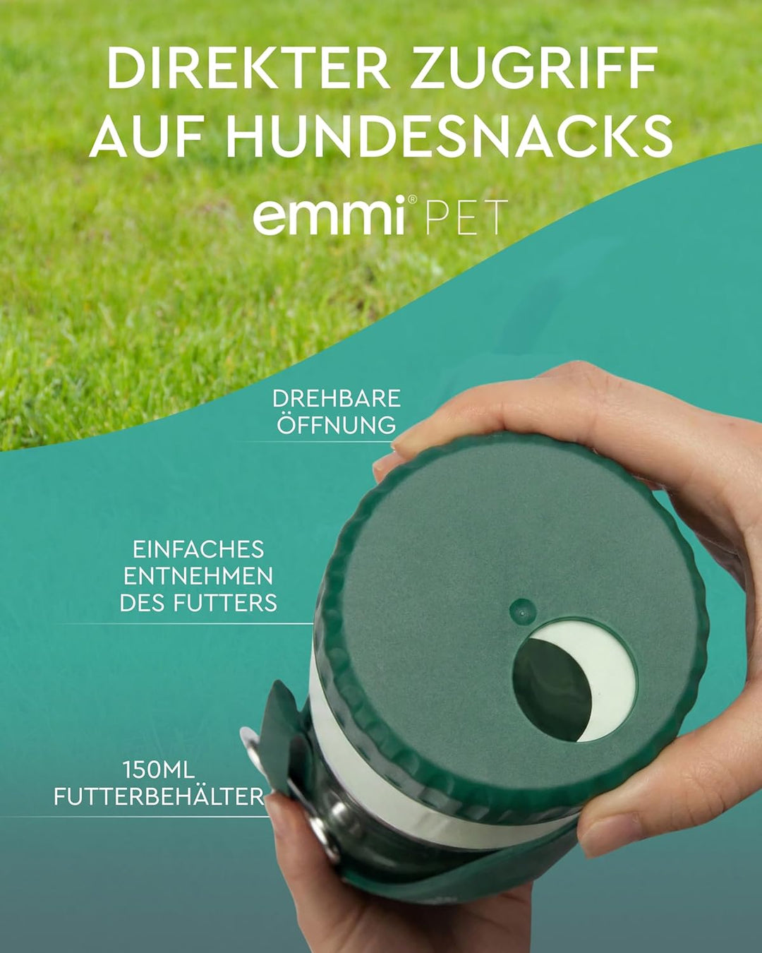 emmi-PET 2-in-1 Hundetrinkflasche mit Futterbehälter in Dunkelgrün I 600 ml Wasser & 150 ml Snacks I