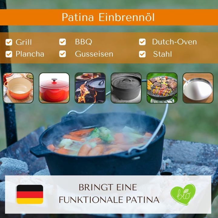 BIO Einbrenn‑ &amp; Patina Öl „Sizzle Shield“ - Nachhaltige Gussrost Pflege - Premium Dutch Oven Zubehör