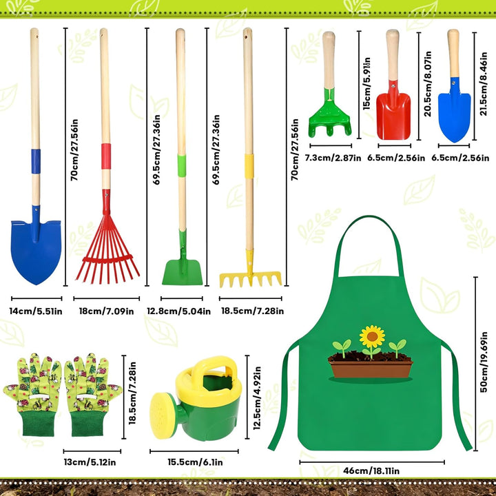 10 Stück Kinder Gartenwerkzeug Set, Metall Gartenwerkzeug Set mit Schaufel, Rechen, Gabel, Arbeitsha