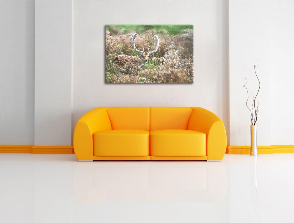 schön gemalter Rehbock in Wiese Format: 120x80 auf Leinwand, XXL riesige Bilder fertig gerahmt mit K