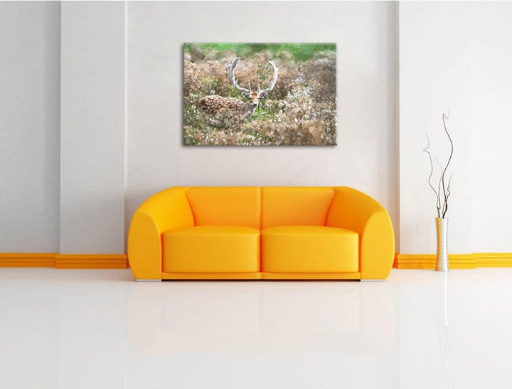 schön gemalter Rehbock in Wiese Format: 120x80 auf Leinwand, XXL riesige Bilder fertig gerahmt mit K