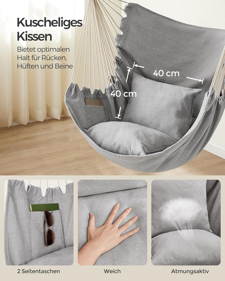 SONGMICS Hängesessel, Hängeschaukel, Hängestuhl mit 2 Kissen, Metallkette, bis 150 kg belastbar, Ind