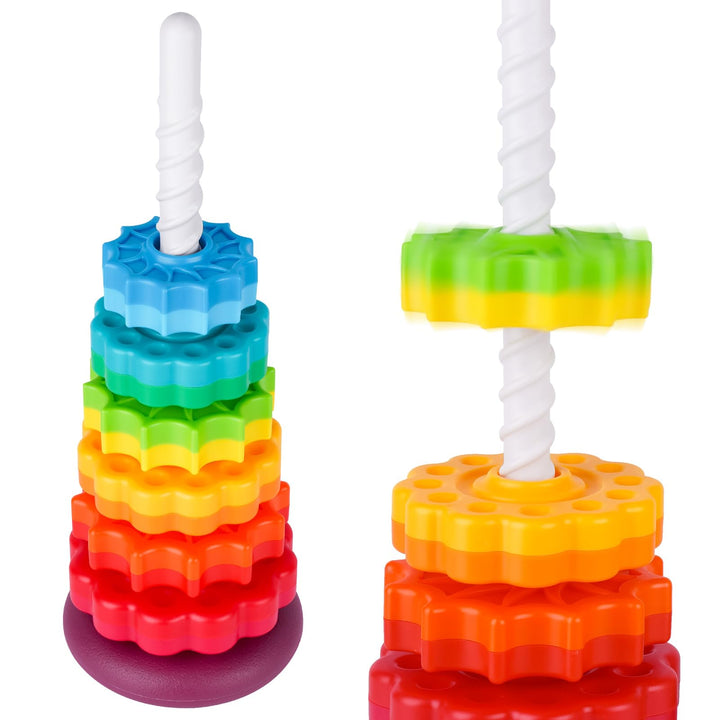 41cm Stapelturm mit Drehfunktion, Regenbogen-Stapelringe Spielzeug für Kinder, Zweifarbige drehende