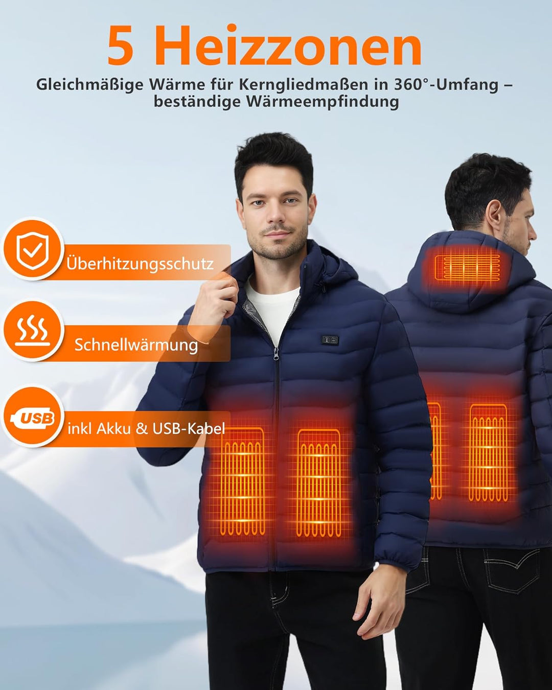 Beheizbare Jacke - Heizjacke mit Akku 10000mAh - Warme Heizjacke für Herren Damen 5 Heizzonen, 3 Tem