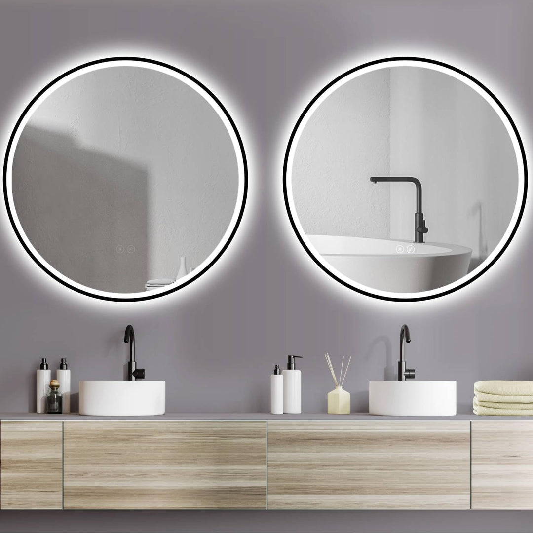 HOKO Design ANTIBESCHLAG Badspiegel rund 80 cm mit Metall Rahmen Matt Schwarz. Runder Bad Wandspiege