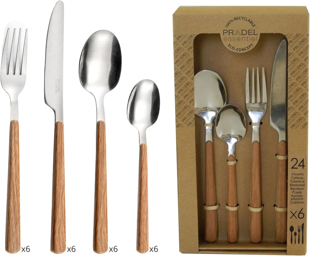 Amefa Bosquet Besteck-Set, 24-teilig, Edelstahl 18/0, Holzgriff, spülmaschinengeeignet