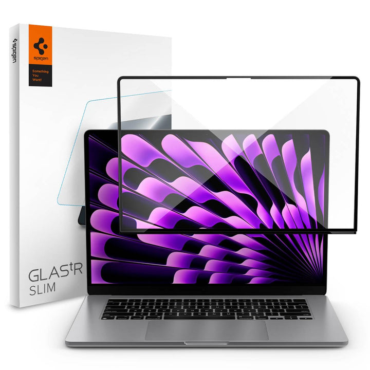Spigen Displayschutz für MacBook Air 15 Zoll (M2, 2023), Schwarz Volle Abdeckung, Kristallklar, 9H G