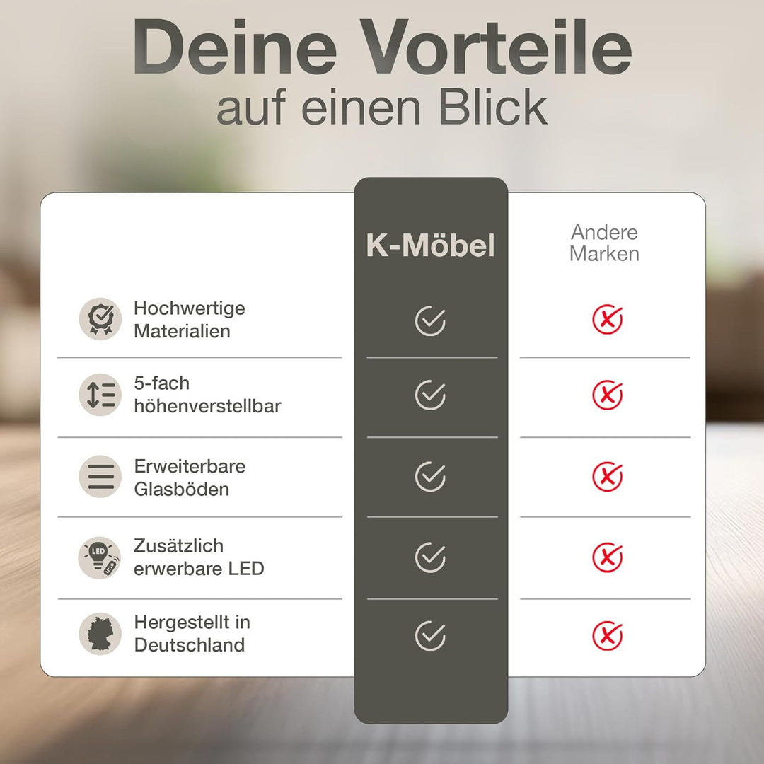 K-Möbel Hängevitrine Glas in Buche (80x60x25 cm) mit 2 höhenverstellbaren Glasböden - Modellauto Vit