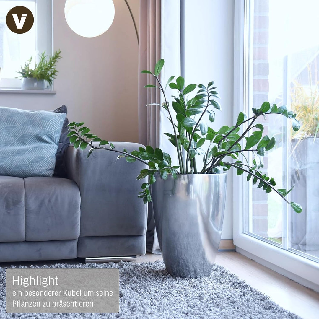 VIVANNO Pflanzkübel Pflanzgefäss Blumenkübel Fiberglas Silber Metallic OPALA (44x32) 44x32 cm Silber