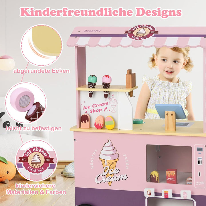 COSTWAY Eiswagen Kinder mit Eiscreme Spielzeug, Eisladen Holz mit Eismaschine & Verkaufsautomat & Ka