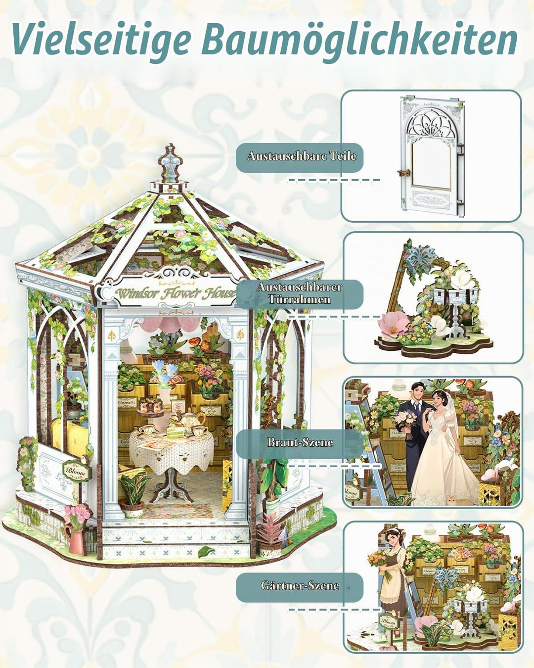 CUTEBEE Europäisch-Retro 3D-Puzzle Book Nook Puppenhaus-Set, eleganter Wintergarten mit Afternoon-Te