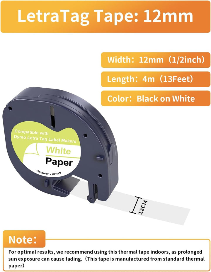 D&amp;C 12x 91220 Etikettenband für Dymo LetraTag 12mm x 4m，Schwarzer Druck auf weissem Etikettierpapier