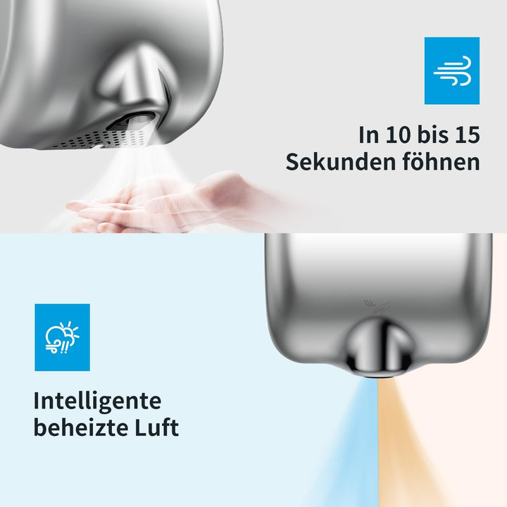 AIKE AK2800B ECO Händetrockner - elektrisch, aus gebürstetem Edelstahl mit Sensorautomatik und HEPA-