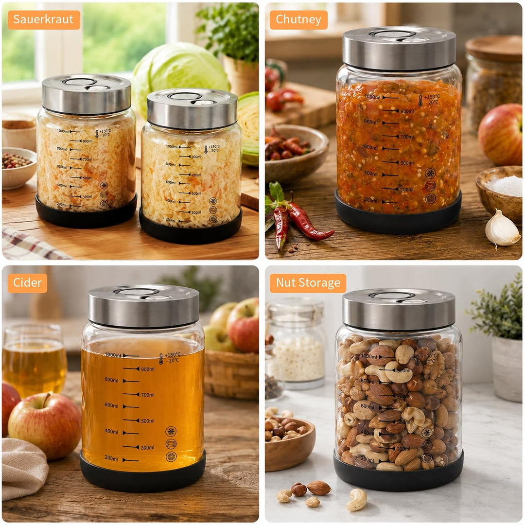 Diesisa 2 Stück 1L Borosilikatglas Fermentiergläser für Kimchi Sauerkraut | Fermentierglas mit Doppe