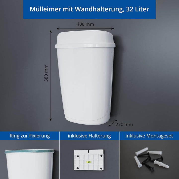 Hypafol Mülleimer 32L Weiss glänzend – Abfallbehälter mit Müllbeutelring – Wandmontage &amp; Standmodell