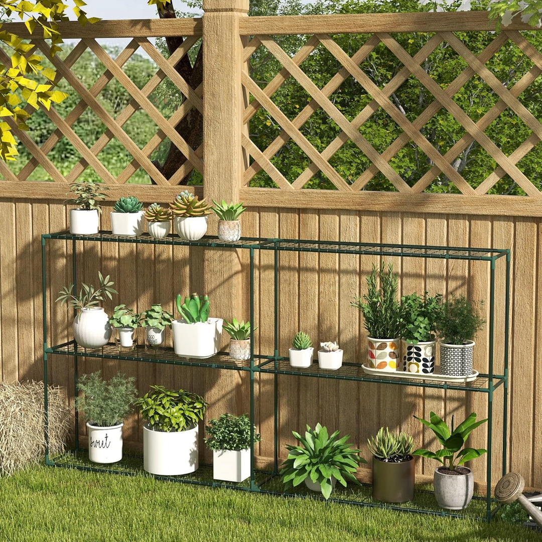 Outsunny Pflanzenregal Outdoor 222 x 30 x 114 cm Dunkelgrün | Blumenregal Pflanzentreppe mit 3 Stufe