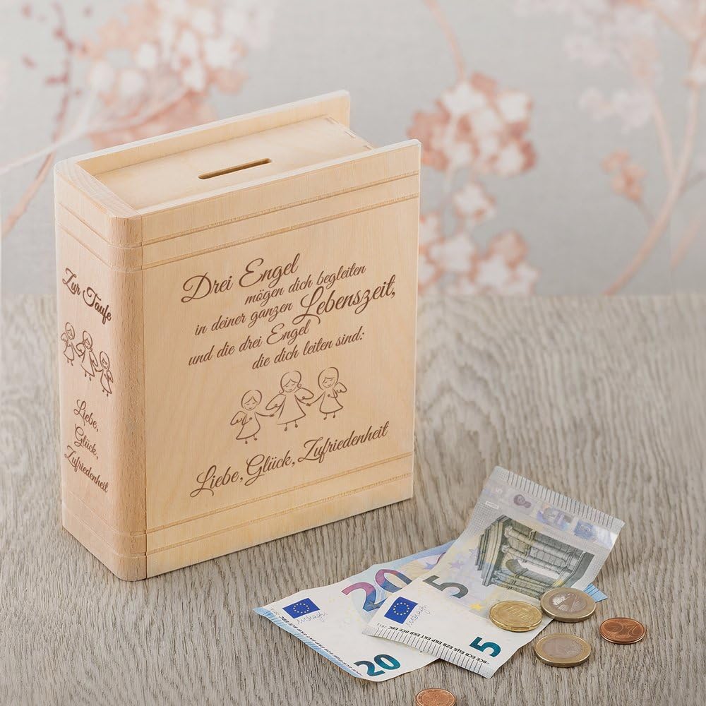 Casa Vivente Spardose aus Holz mit Gravur zur Taufe, Motiv Engel, Sparbüchse als Taufgeschenk für Mä