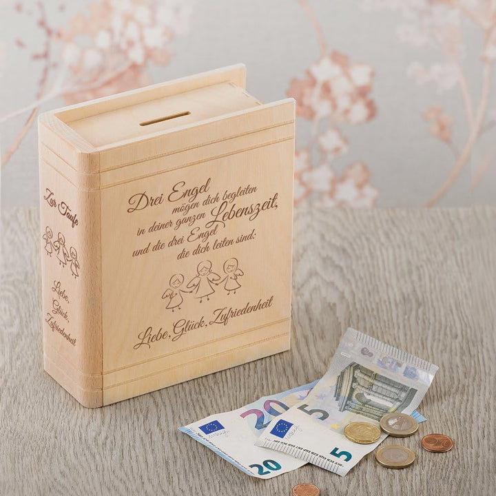 Casa Vivente Spardose aus Holz mit Gravur zur Taufe, Motiv Engel, Sparbüchse als Taufgeschenk für Mä