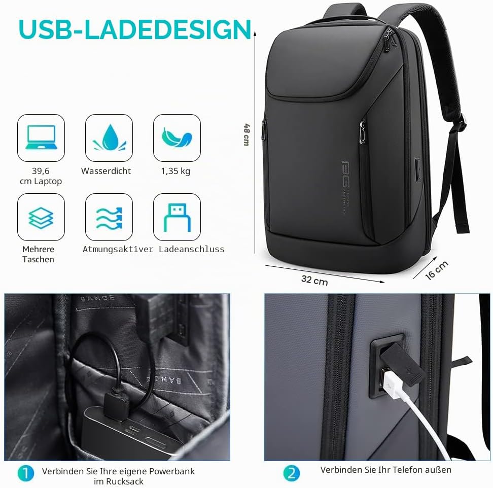 BANGE Business-Smart-Rucksack, wasserdicht, 39,6 cm (15,6 Zoll), Laptop-Rucksack mit USB-Ladeanschlu