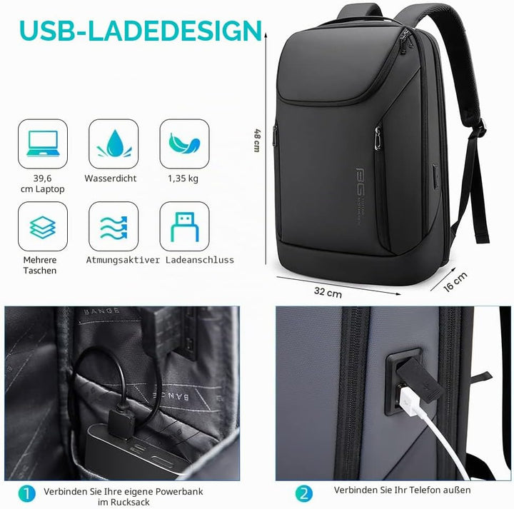 BANGE Business-Smart-Rucksack, wasserdicht, 39,6 cm (15,6 Zoll), Laptop-Rucksack mit USB-Ladeanschlu