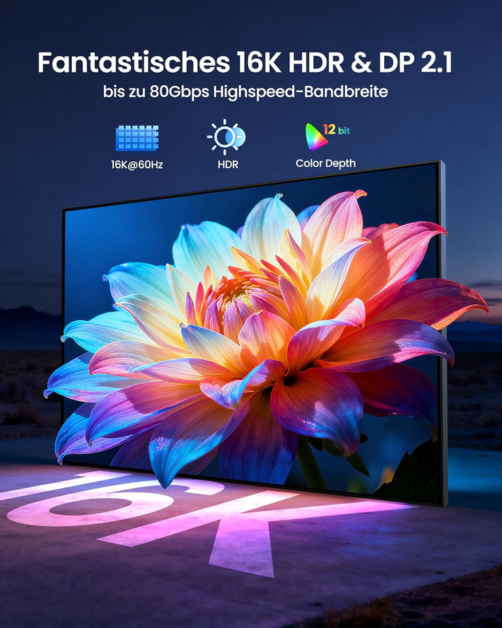Silkland 80Gbps USB C DisplayPort 2.1 Kabel 2M [16K@60Hz, 8K@240Hz, 4K@960Hz], Unidirektional Thunde