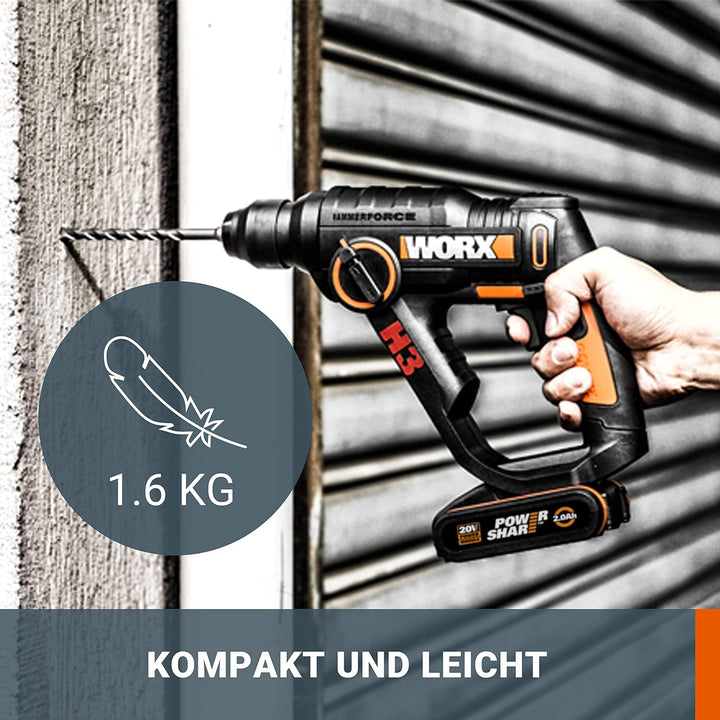 WORX WX390 Bohrhammer SDS-plus - 20V Bohrmaschine mit pneumatischem Hammerwerk zum Schrauben, Bohren
