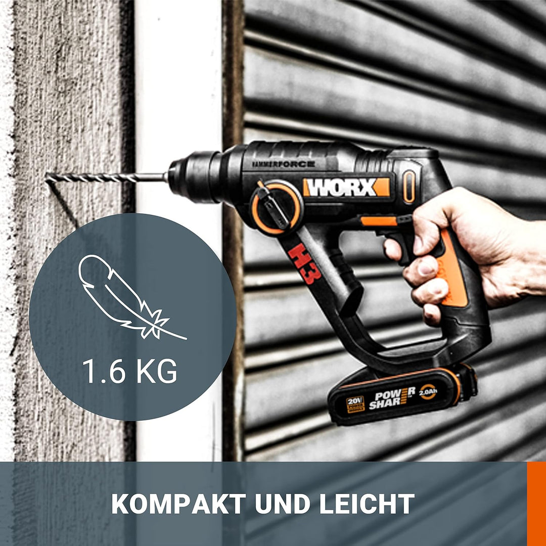 WORX WX390 Bohrhammer SDS-plus & WX092.9 Akku-Kompressor - 4 in 1: multifunktionale Luftpumpe 1,2 Jo