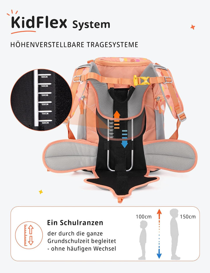 SKYSPER Schulranzen-Set 5-teilig, Schulrucksack Ergonomischer Tragesystem mit Regenhülle und Reflexs