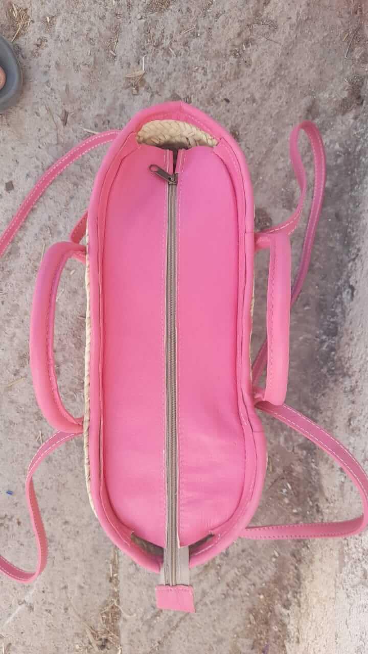NATUREHOME Eleganz: Nachhaltige Palmblatt-Tasche mit stilvollen Pinken Leder-Highlights 37x12x16cm,