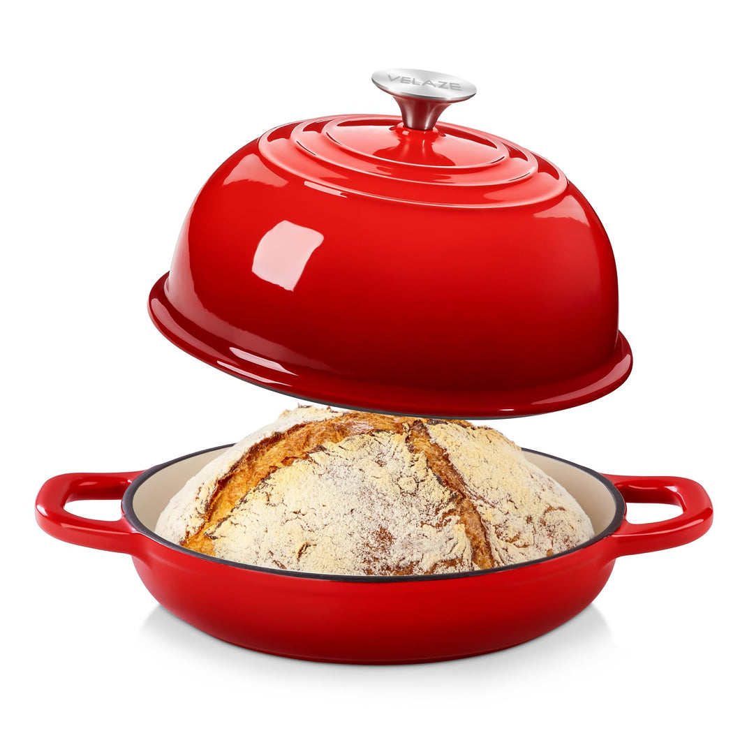 Velaze Emaille Schmortopf mit Deckel und Griffen, 4,8L Gusseisen Topf Brot Backen, 26 cm Brotbacktop