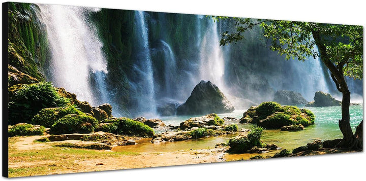 Paul Sinus Art Panoramabild auf Leinwand und Keilrahmen 150x50cm Vietnam Detain Wasserfall Wald Natu