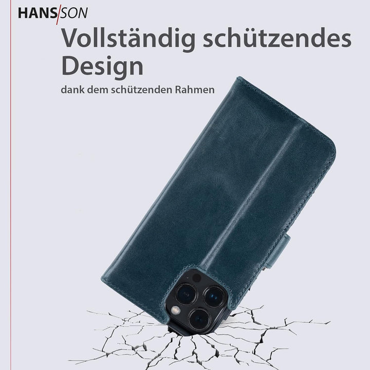 HANS/SON Hülle aus Echtleder mit Kartenfächern in Petrol | Blaue iPhone 13 Pro Max Klapphülle | Geld