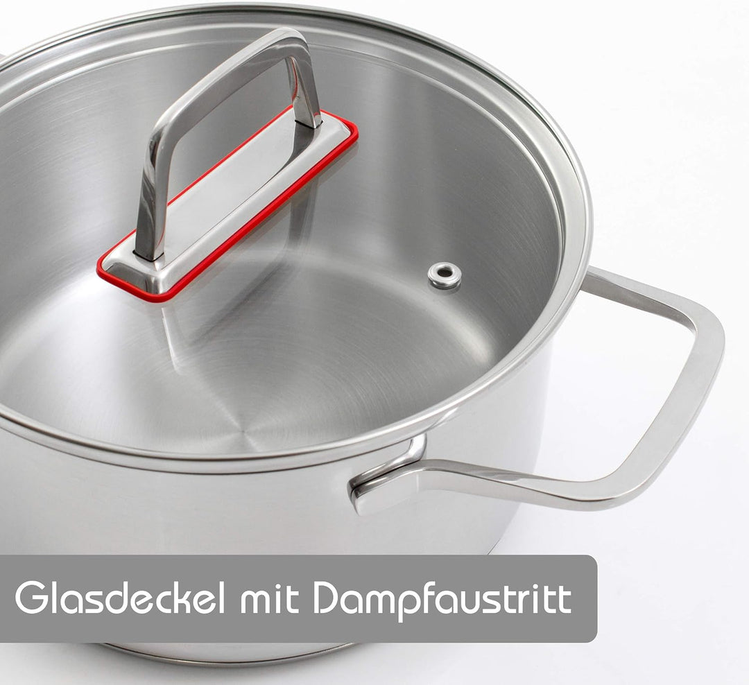 Kopf Topfset Jara aus Edelstahl I Induktions Kochtopfset mit Sichtkochdeckel & integrierter Liter-Sk