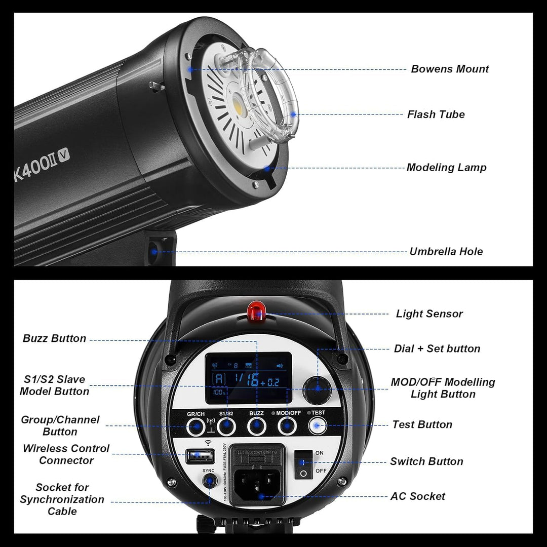 Godox SK400II-V SK400IIV 400W Studio Strobe, 2.4G X-System, 0.1-1.5S Recycle Time, GN65 5700K Monoli
