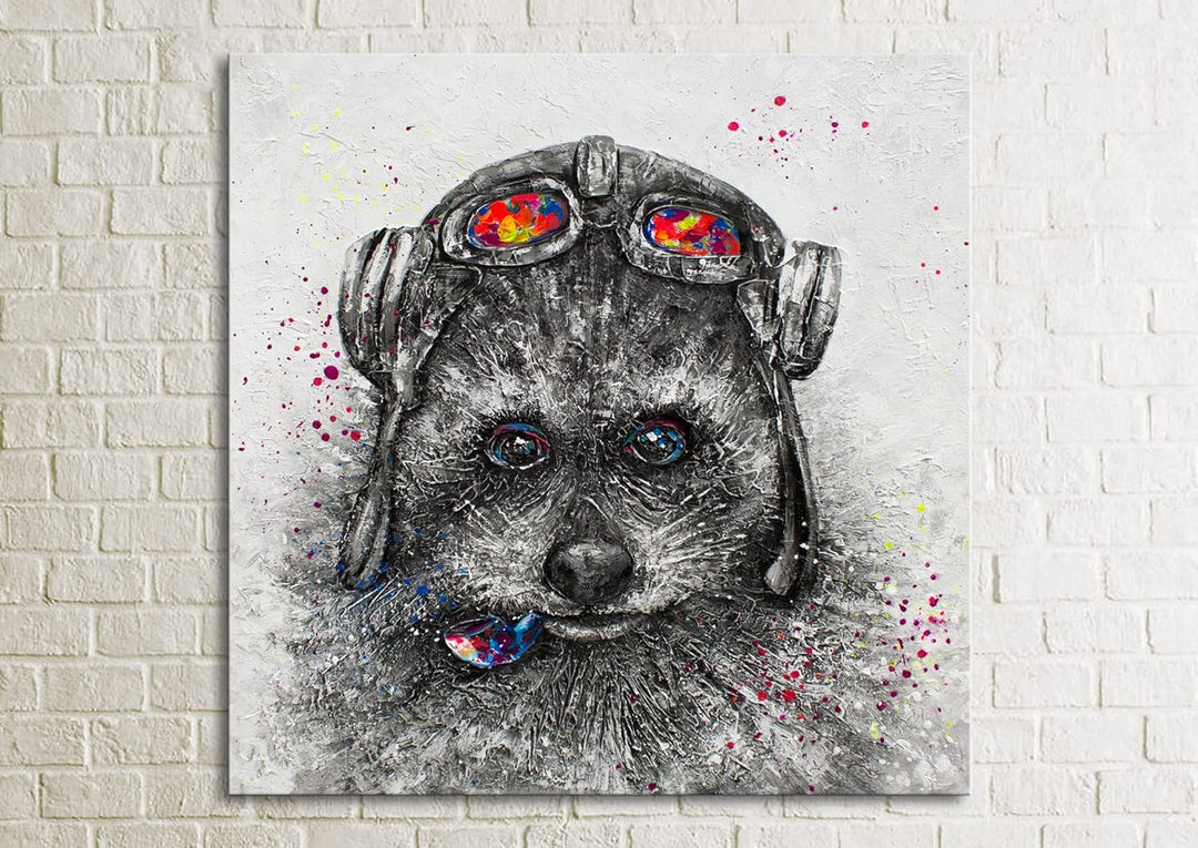 YS-Art XXL Abstrakt Acryl Gemälde auf Leinwand Waschbär lustig handgemalt Wandbilder Wohnzimmer Kind