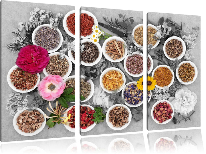 Pixxprint Heilende Kräuter und Blumen als Leinwandbild/Grösse: 3 Teilig (120x80 cm) cm/Wandbild/Kuns
