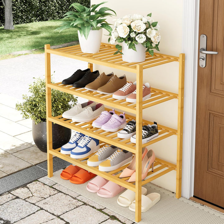 smiry Schuhregal mit 4 Ebenen, Platzsparende Schuhablage, Stapelbar Schuhorganizer, Bambus Regal für