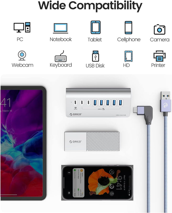 USB-Hub, ORICO USB-C-Hub, 3.2 Gen 2, Stromversorgung mit 7 Ports, 10 Gbit/s mit 4 USB C, 2 USB A, PD