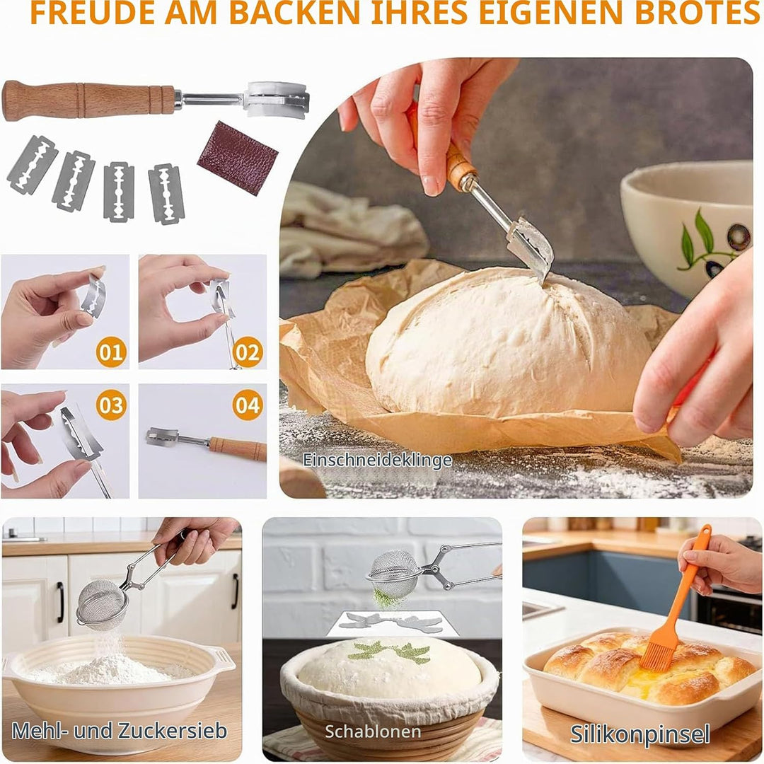 Sauerteig Starter Set mit 2 Gärkörbchen, 730ML Sauerteig Glas, Brotbackzubehör kit, Brot Backen Zube