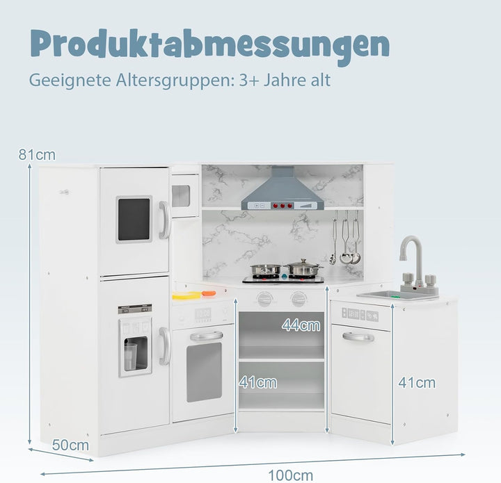 DREAMADE Kinderküche aus Holz mit 16 TLG. Spielzubehör, Kinder Küche Eckküche mit Tafel Herd Spüle B