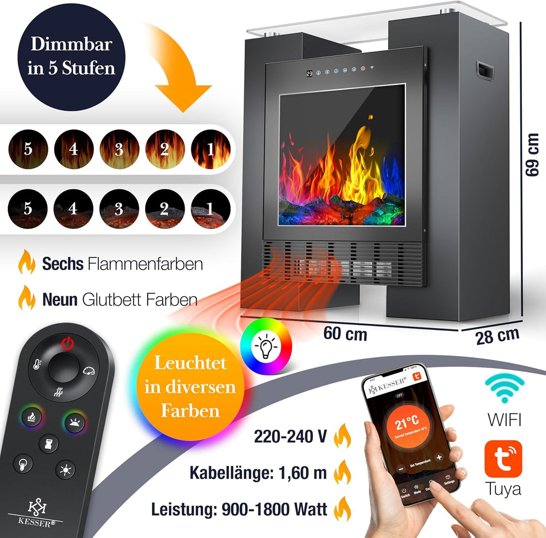 KESSER® LED Kamin mit Heizung elektrisch | Heizlüfter Elektrokamin mit Thermostat, Standkamin mit re