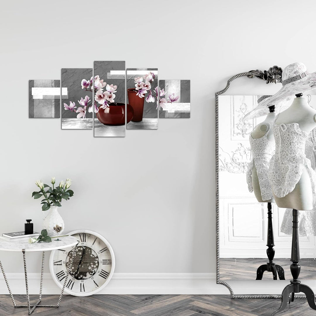 Runa Art Wandbilder Blumen Abstrakt 5 Teilig Bild auf Vlies Leinwand Deko Wohnzimmer Blumenvase Grau
