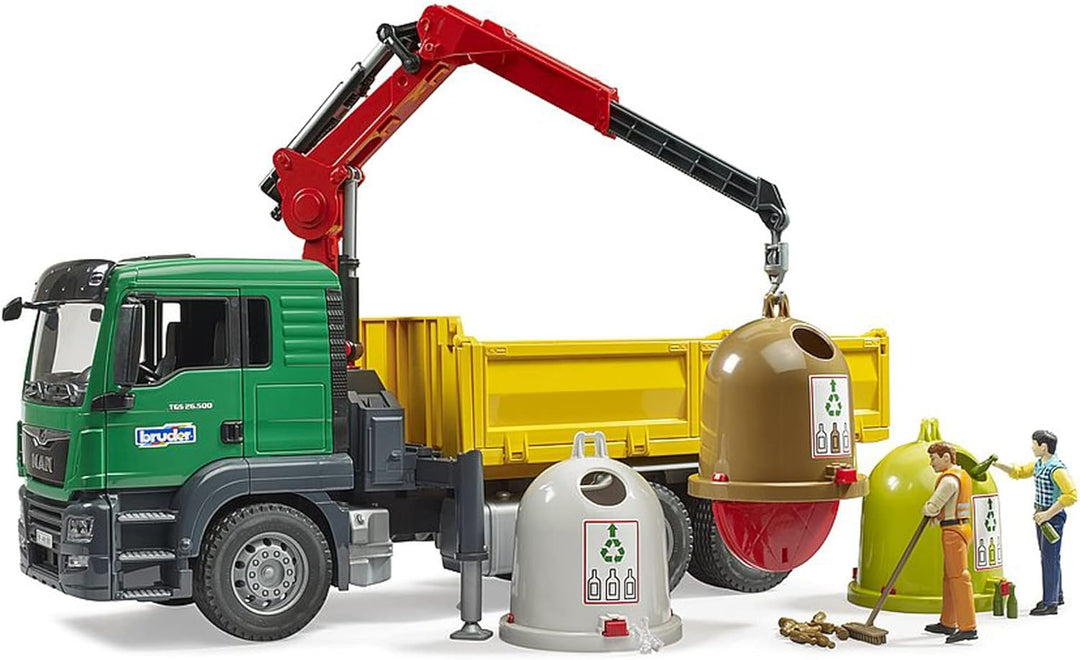 bruder 03753 - Man TGS Kran LKW mit 3 Altglascontainern & Flaschen - 1:16 Lastwagen Laster Kranwagen
