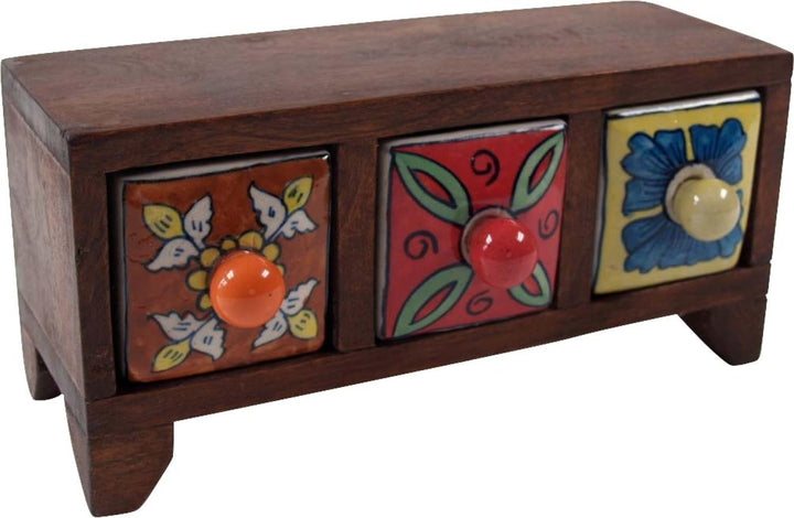 GURU SHOP Apothekerschränkchen mit Bunten Keramik Schubfächern, Gewürzkiste - 3 Fächer Modell 2, 11x