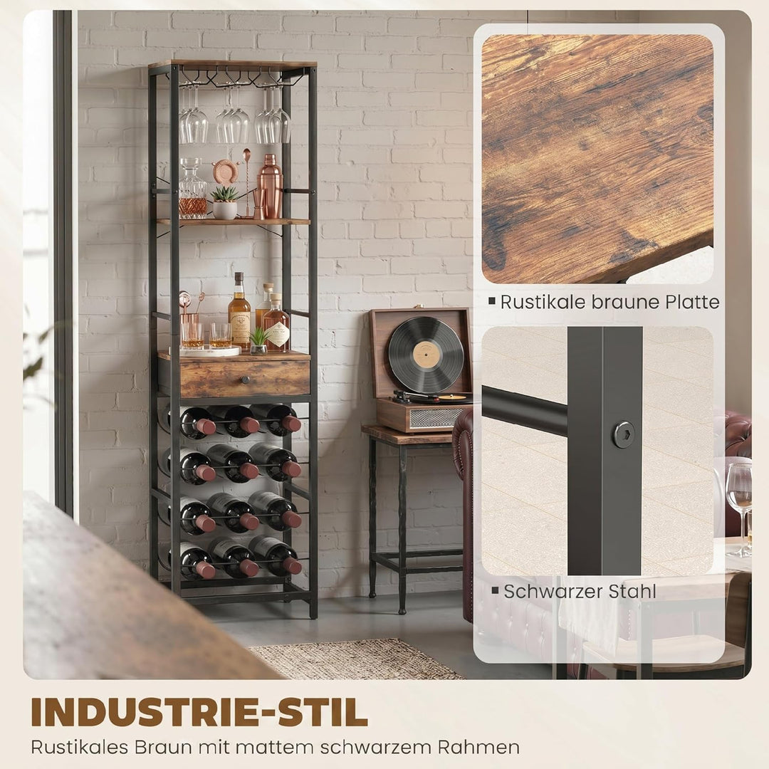 HOMCOM Weinregal Flaschenregal für 12 Weinflaschen, mit Glashalter und Schublade, Standregal, Weinha