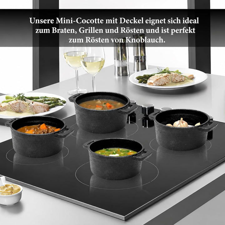 4er Set Mini Gusseisentopf 250 ml, Cocotte mit Deckel für Tapas & Dips | Kleine Auflaufform aus mass