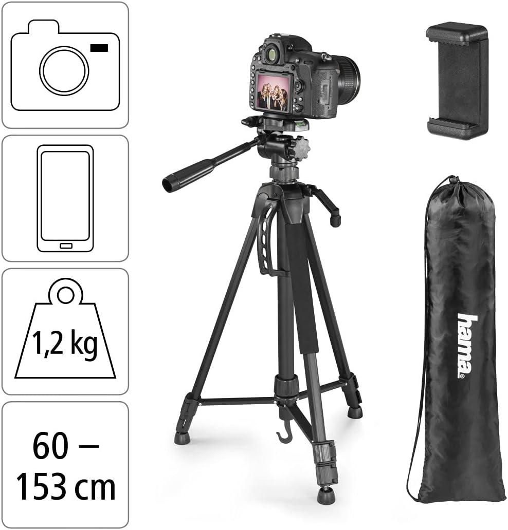 Hama Stativ Kamera "Action 153 3D" (Leichtes Fotostativ inkl. Handy-Halterung, Tripod mit 60-153cm H