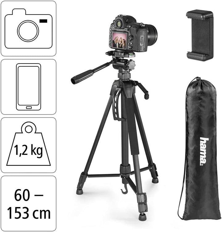 Hama Stativ Kamera "Action 153 3D" (Leichtes Fotostativ inkl. Handy-Halterung, Tripod mit 60-153cm H