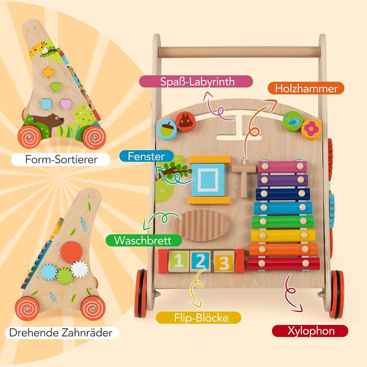 COSTWAY Lauflernhilfe Holz, Baby Lauflernwagen mit Griff, Stauraum und Rädern zum Schieben und Ziehe